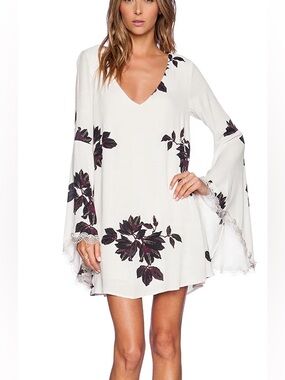 Free People Cream Floral V-Neck Bell Sleeve Tunic
